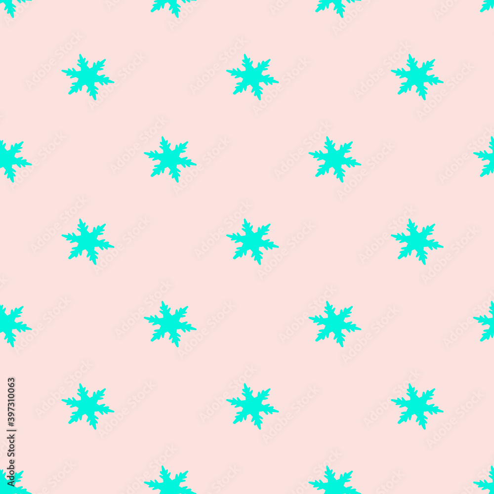 Seamless geometric pattern with blue snowflakes on pastel pink background. Christmas concept. Print for packaging and paper Seamless geometric pattern with blue snowflakes on pastel pink background. Christmas concept. Print for packaging and paper