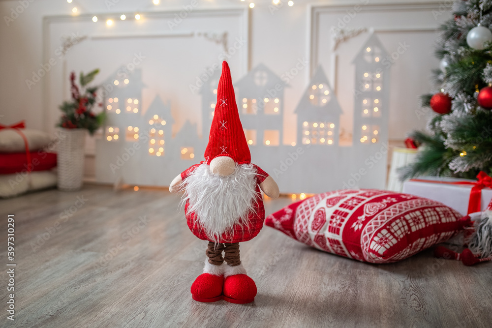 Obraz premium Christmas gnome, new year, lights, gifts, Christmas
