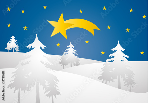 Paisaje nevado con estrellas en la noche.