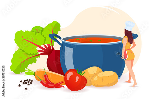 Pan with soup, woman and vegetables. Recipes, homemade food, food preparation concept. Isolated vector illustration for flyer, poster, banner.