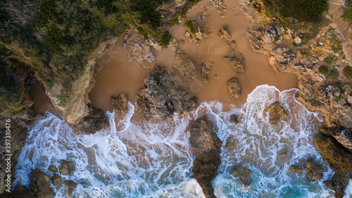 Aerial view of the sand beach of Caños de Meca with blue water. Top view, amazing natural beach background. Atlantic Ocean in Caños de Meca, Cádiz, Andalusia, Spain.