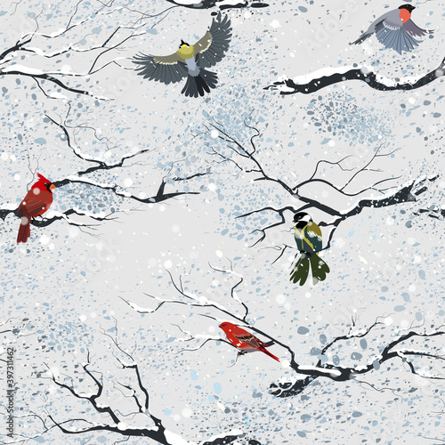 Winter birds on branches in snowy weather. Winter and falling snow. Seamless pattern.