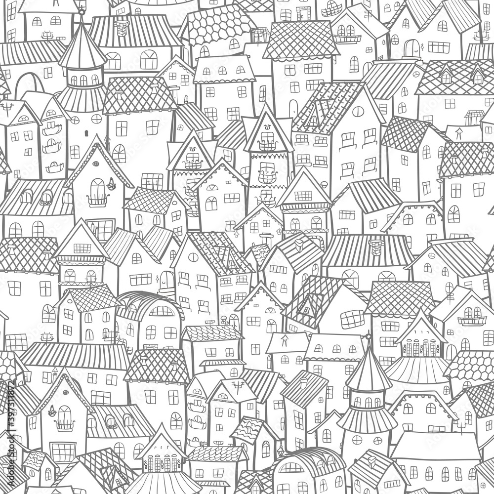 Cartoon town. Seamless pattern small old houses.