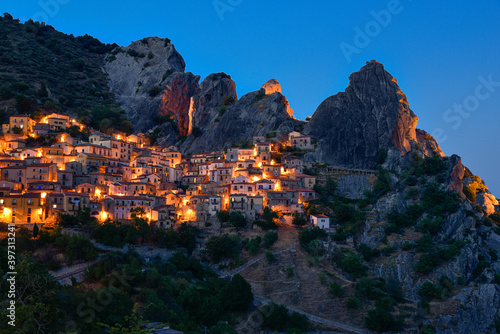 Beautiful small village Castelmezzano in dolomiti lucane on mountains blue hour