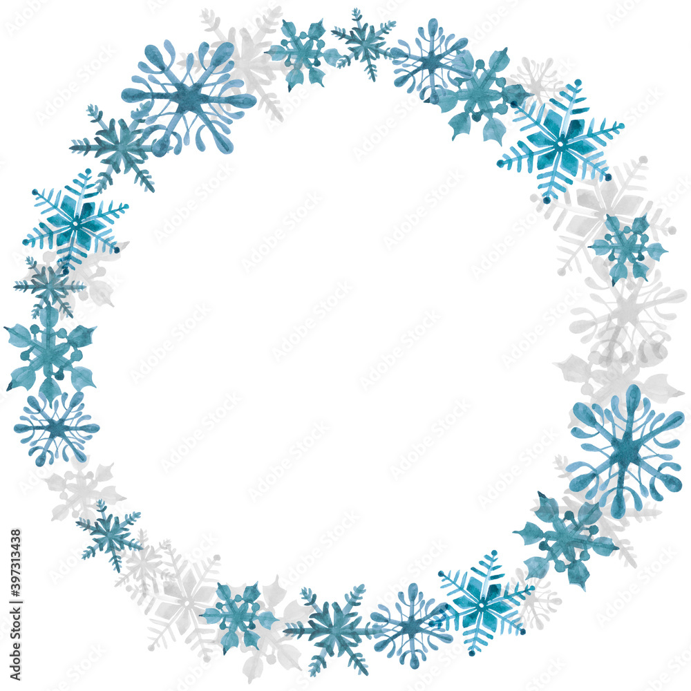 Watercolor illustration of winter blue freezing Christmas snowflakes circle frame set Watercolor illustration of winter blue freezing Christmas snowflakes circle frame set