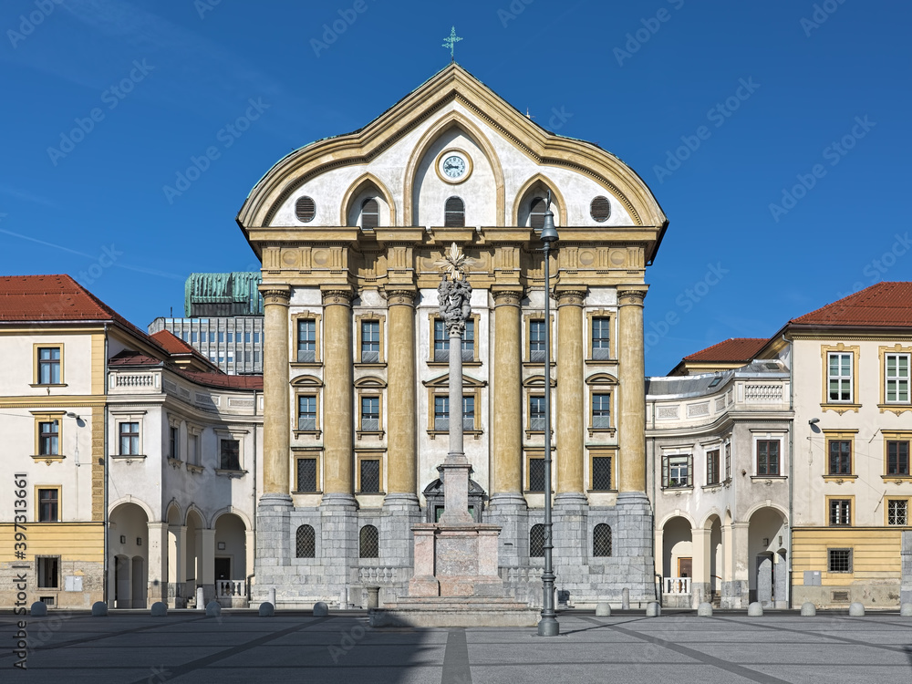 Ursuline Church of the Holy Trinity and Holy Trinity Column on Congress Square of Ljubljana, Slovenia. The church was built in 1718-1726. The Column was created in 1722 and renovated in 1834 and 1895.