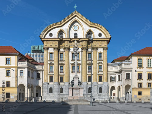 Ursuline Church of the Holy Trinity and Holy Trinity Column on Congress Square of Ljubljana  Slovenia. The church was built in 1718-1726. The Column was created in 1722 and renovated in 1834 and 1895.