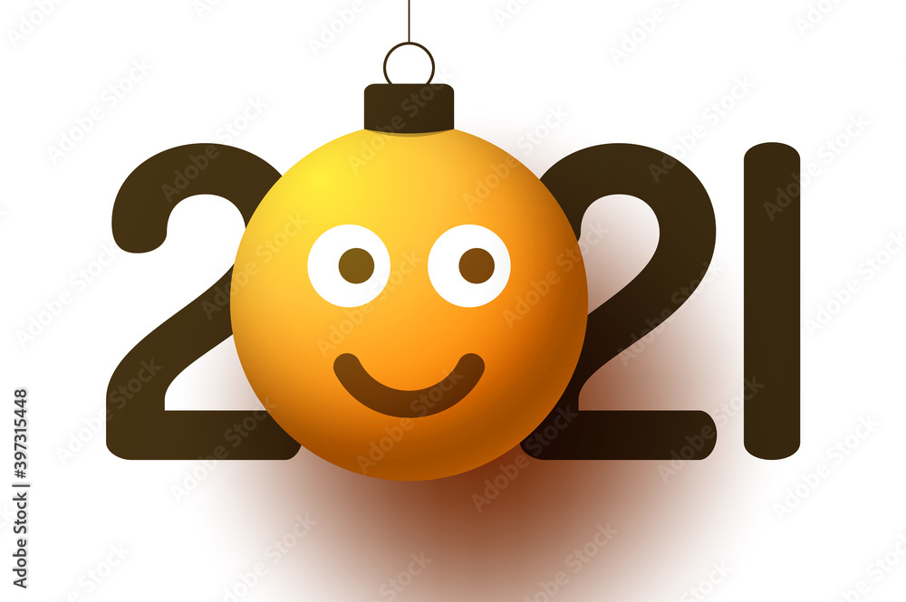 Greeting card for 2021 new year with smiling emoji face that hangs on thread like a christmas toy, ball or bauble. New year emotion concept vector illustration