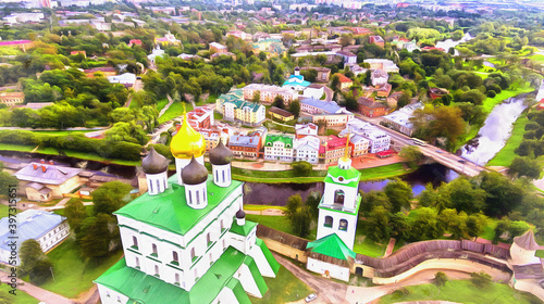 Aerial view of the Trinity Cathedral colorful painting looks like picture