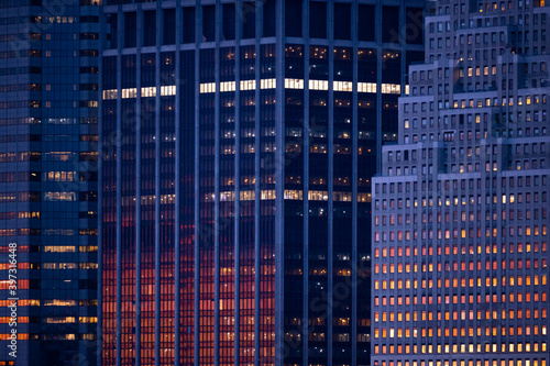 Office building windows at sunset