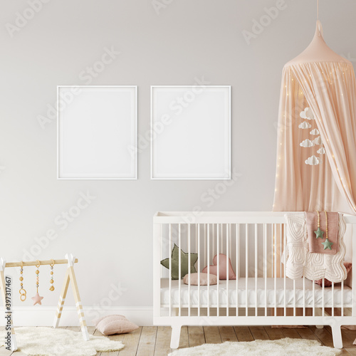 Frame mockup in child room interior. Nursery Interior in scandinavian style. 3d rendering, 3d illustration	