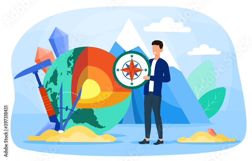 Geology concept. Geologist scientist. Studying the structure of land, subsoil, natural resources. Scientific environment research. Cartoon flat vector illustration isolated on white background