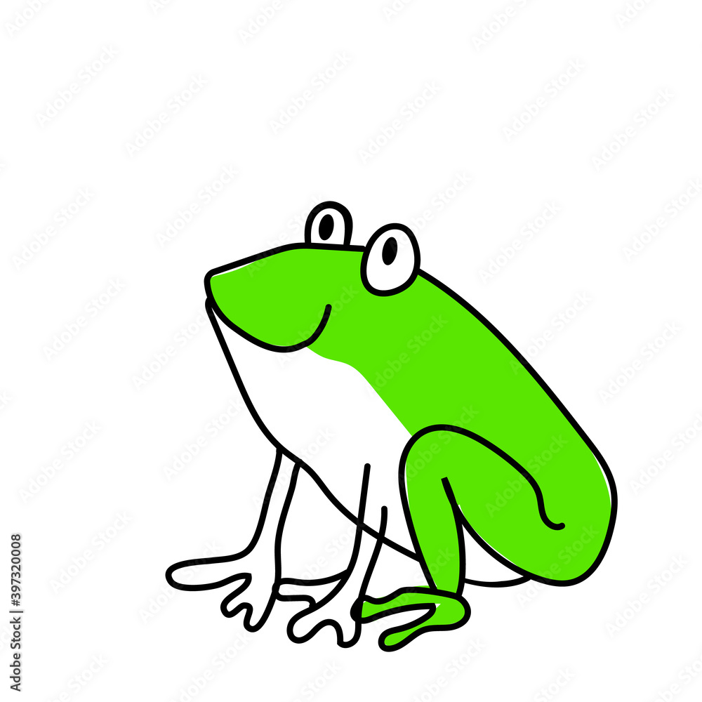 Happy green smiling frog. Funny hand drawn vector illustation isolated on white background. Happy green smiling frog. Funny hand drawn vector illustation isolated on white background.