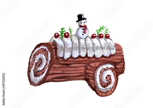 Chocolate yule log cake snowman for christmas.