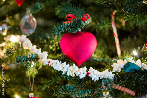 Close up of ornaments on Christmas tree