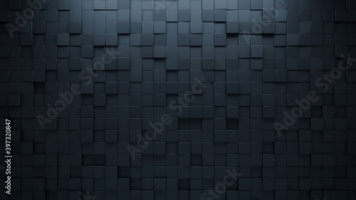 Futuristic, High Tech, dark background, with a square block structure. Wall texture with a 3D cube tile pattern. 3D render photo