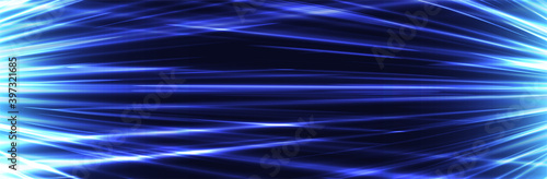 Abstract blue futuristic background. Speed or motion concept. Bright neon light. Vector