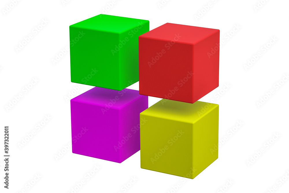 Four colorful cubes isolated on white background. 3d rendering Four colorful cubes isolated on white background. 3d rendering