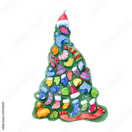 Watercolor Christmas illustration. Christmas tree collected from different knitted socks mittens and hats. Isolated on the white background. 
