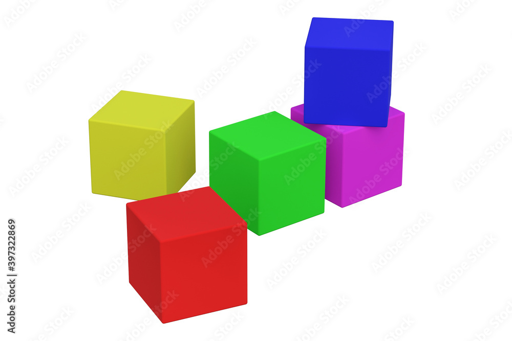 Scattered colorful toy cubes isolated on white background. 3d rendering Scattered colorful toy cubes isolated on white background. 3d rendering
