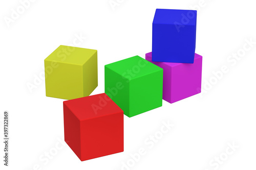 Scattered colorful toy cubes isolated on white background. 3d rendering