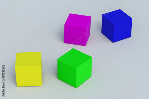 Scattered colorful toy cubes on gray background. Child mental development and rehabilitation. 3d rendering