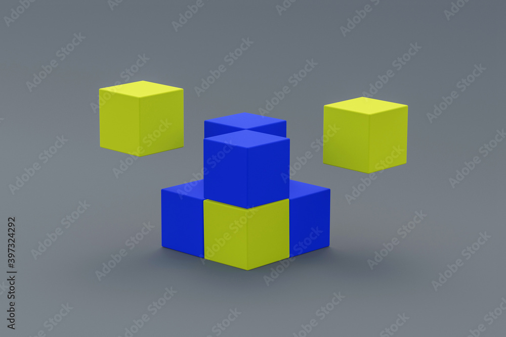Blue and yellow cubes on gray background. Block chain concept. 3d rendering Blue and yellow cubes on gray background. Block chain concept. 3d rendering