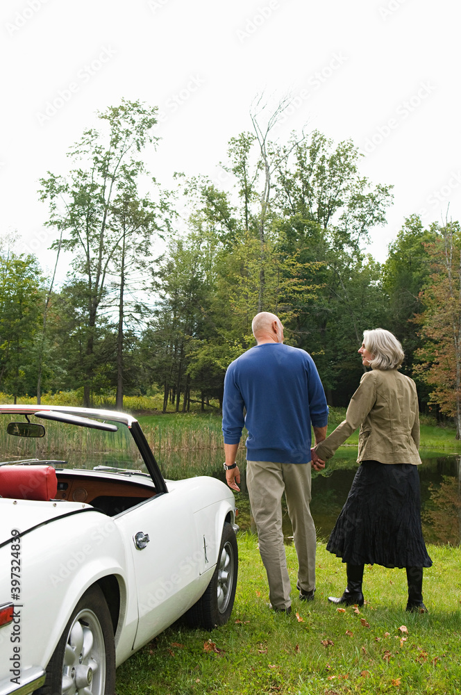 Rear view of couple holding hands by convertible in park Rear view of couple holding hands by convertible in park