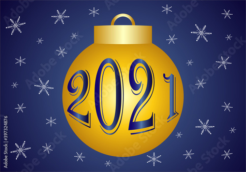 2021 en bola dorada de Navidad sobre fondo de copos de nieve