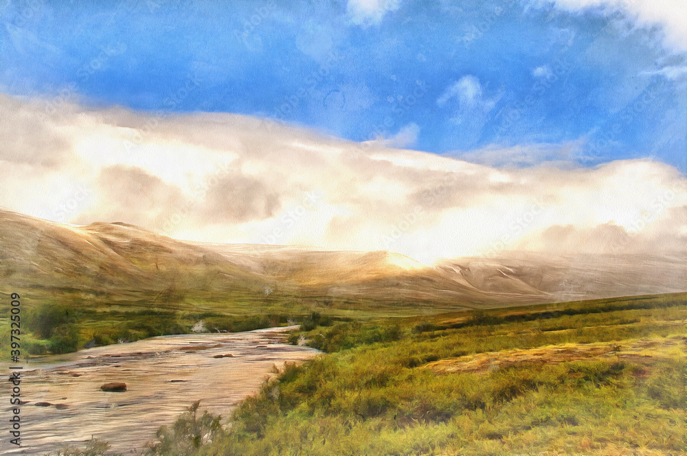 Beautiful mountain landscape at Polar Urals colorful painting Beautiful mountain landscape at Polar Urals colorful painting