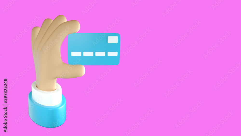 Closeup of blue credit card holded by hand. Isolated on pink background. . 3d illustration Closeup of blue credit card holded by hand. Isolated on pink background. . 3d illustration
