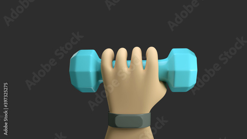 Hand with a fitness bracelet holding a dumbbell. 3d illustration