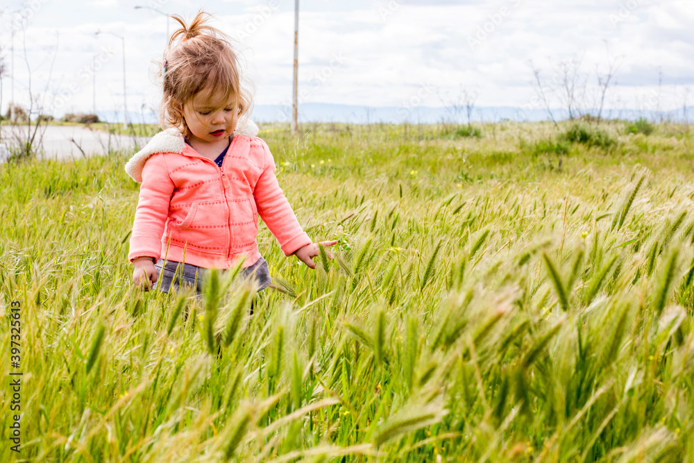 Caucasian baby girl playing in field Caucasian baby girl playing in field