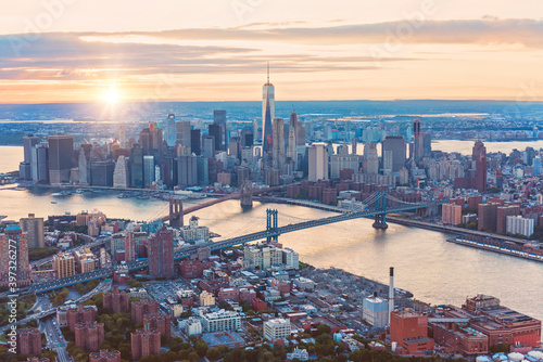 Aerial view of New York City skyline and sunset, New York, United States