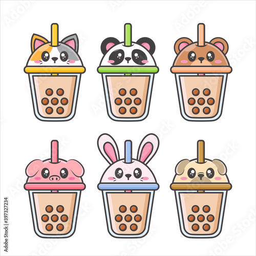 pack of bubble tea cup with cute animal face lid