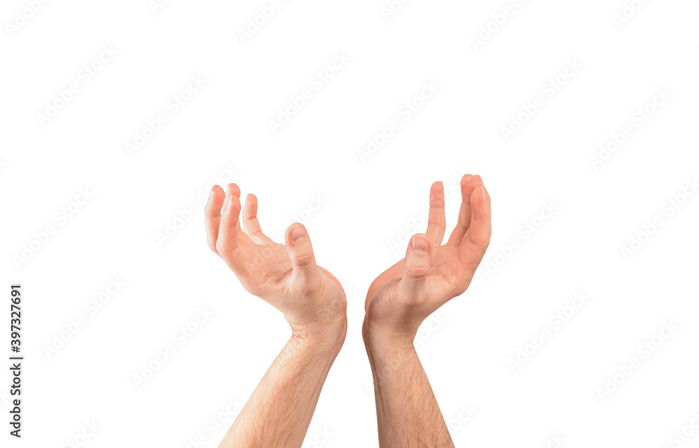 Raised hands on a white background. Concept of asking for help. Raised hands on a white background. Concept of asking for help.