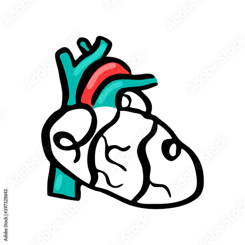 Vector isolated illustration with concept of cardiology, cardiac surgery, medicine. It shows abstract, simplified linear heart in Doodle style.