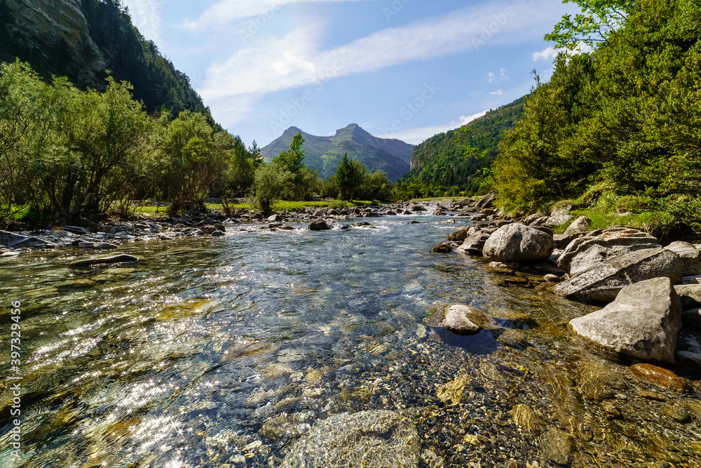 Panoramic valley landscape with crystal clear river, stones, and tall trees in Ordesa Pirineos. Reflections in the water and flashes of the sun.
