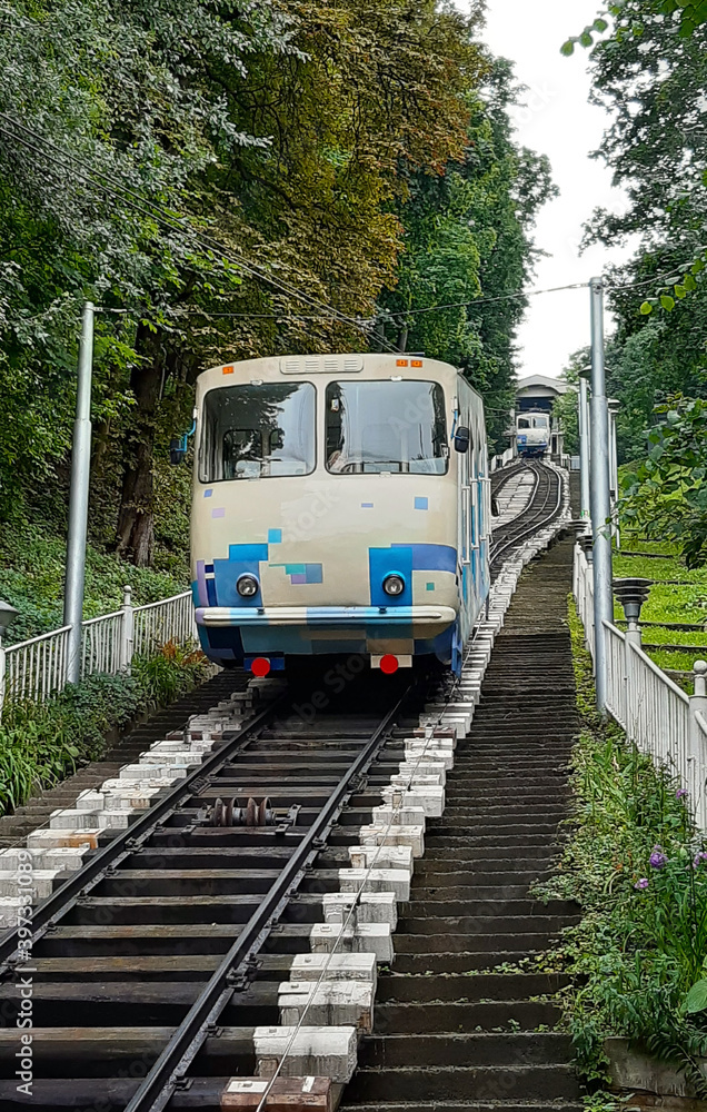 A funicular car in Kiev, the capital of Ukraine, descends to the Podil area