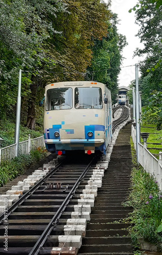 A funicular car in Kiev, the capital of Ukraine, descends to the Podil area