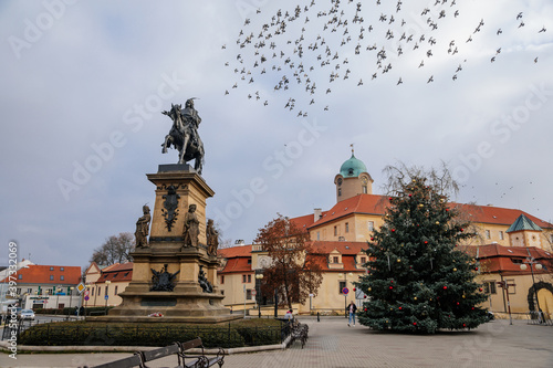 Main square of King George of Podebrady with his equestrian statue and castle, Jiri z Podebrad, Christmas tree at historical spa town, Podebrady, Central Bohemia, Czech Republic