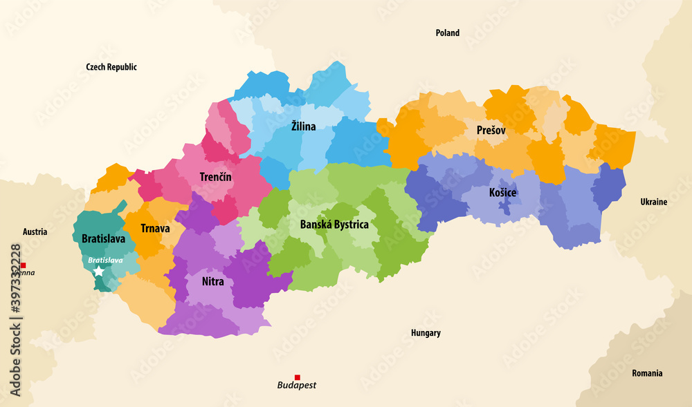 Obraz premium Districts (okresy) of Slovakia colored by regions vector map with neighbouring countries and territories