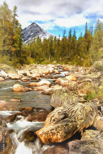 Beautiful mountain landscape at Polar Urals colorful painting