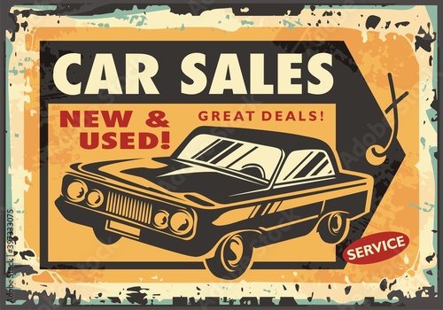 Car sales vintage sign with price tag and classic automobile. Retro ad design for cars dealer. Vector transportation poster.