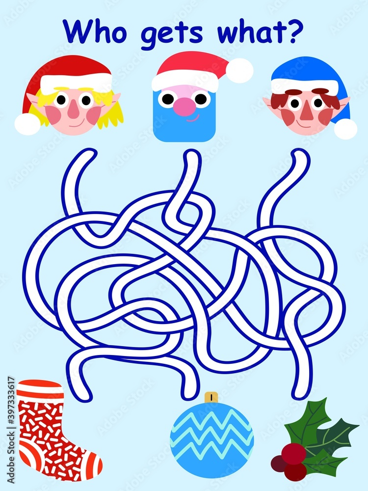 Who gets what - Christmas maze game with Santa Claus and elves stock vector illustration. Funny educational printable activity page for kids. Winter holidays school children puzzle vertical page