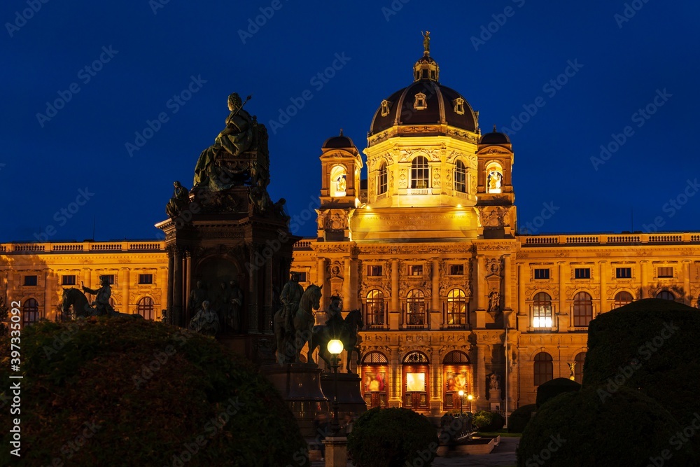 Facade of Kunsthistorisches Museum at night, Vienna, Austria