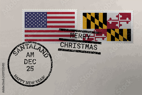 Postage stamp envelope with Maryland and US flag, Christmas and New Year stamps, vector