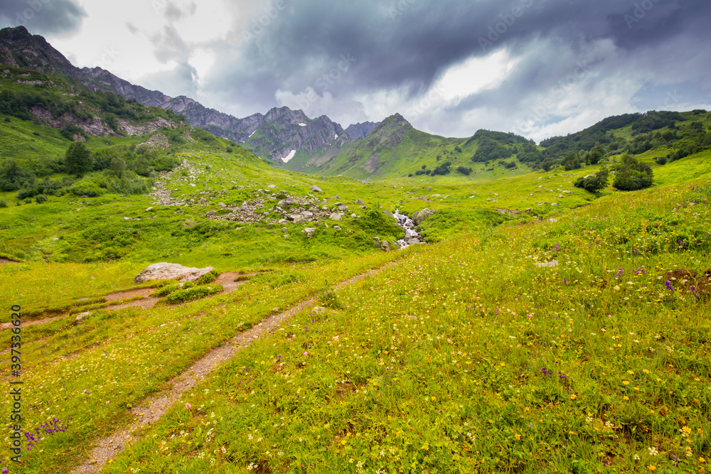 Fototapeta premium Beautiful mountain landscape at Caucasus mountains with clouds
