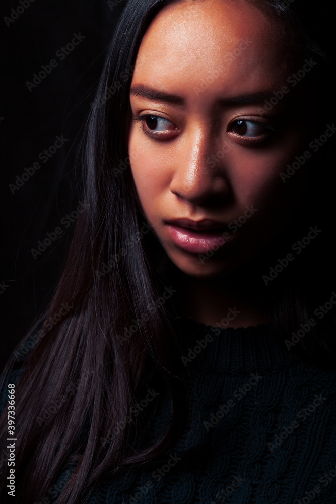pretty young asian girl posing sensitive on black background, lifestyle people concept pretty young asian girl posing sensitive on black background, lifestyle people concept