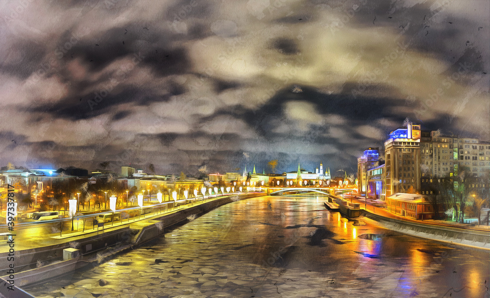 Winter view on Moscow River and Kremlin colorful painting